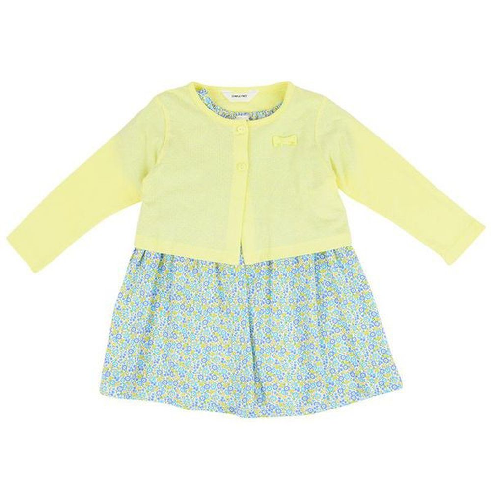 akachan honpo - 短袖洋裝+長袖開襟外套組-花紋-黃色