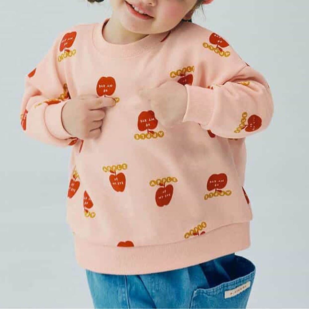 100%棉 繽紛感印花縮口長袖上衣-蘋果-粉紅