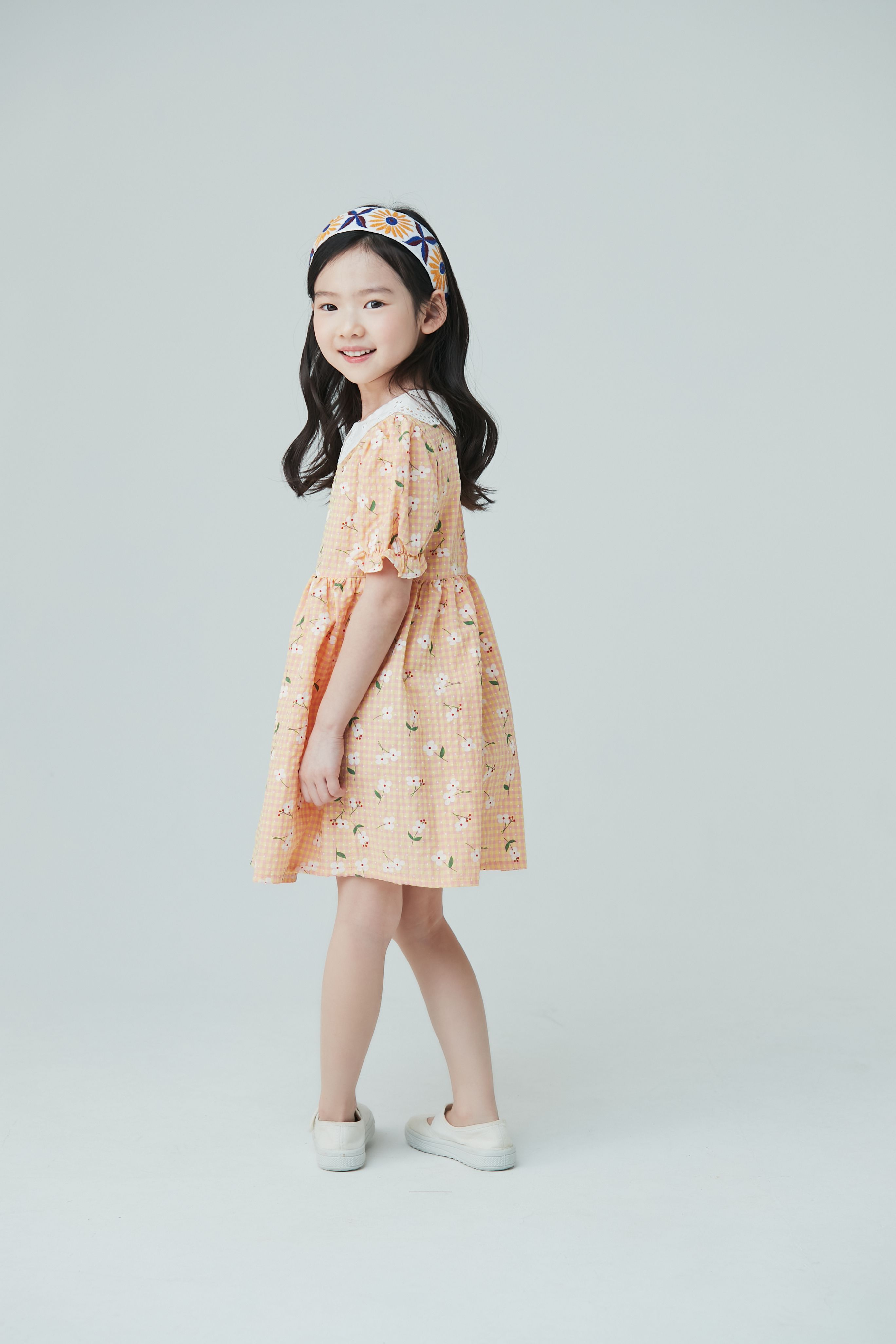 韓國 Coco Bang - 蕾絲白領花花洋裝-橘