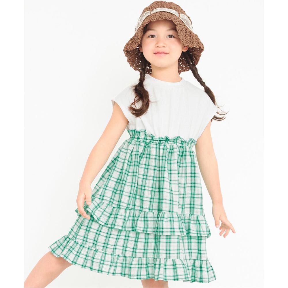 日本 BREEZE - 拼接層次甜美法式袖洋裝-格紋-白x綠