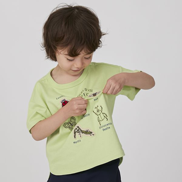 日本 petit main - [接觸冷感]昆蟲刺繡短袖上衣-黃綠