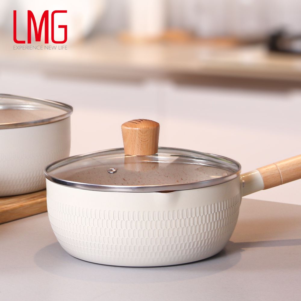 LMG - 日式錘紋不沾雪平鍋-象牙白-20cm(含蓋)+日式料理夾超值組