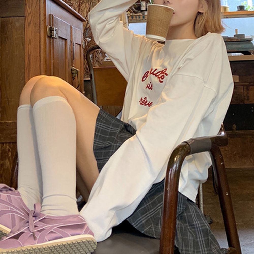 簡約文字logo落肩長袖T恤-白 (F)