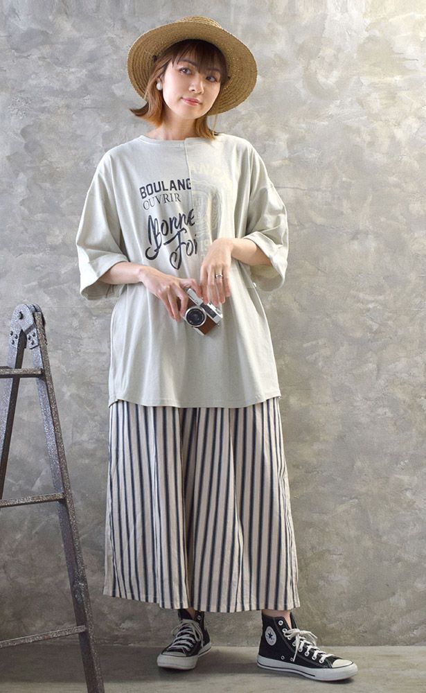 日本 zootie - 休閒落肩寬鬆美式印花七分袖T-淺灰