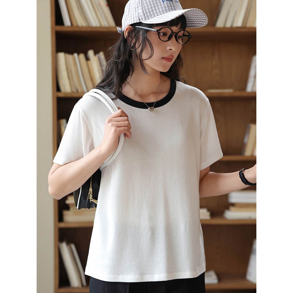 天絲亞麻撞色針織短袖上衣-柔白