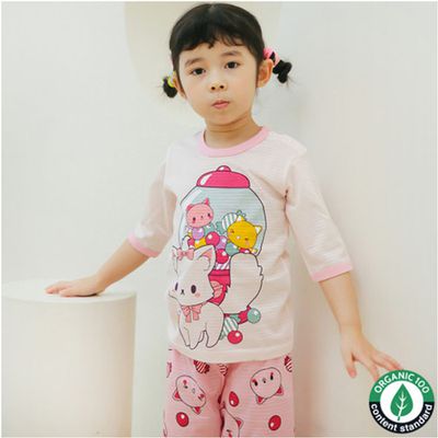 正韓 Puco - 超優質嬰幼兒/兒童七分袖100% 有機純棉家居服/睡衣-泡泡糖貓
