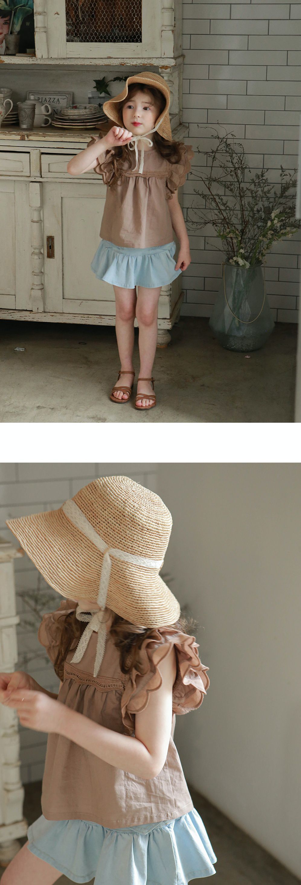 韓國 PuellaFLO - 蝴蝶狀荷葉袖上衣-摩卡