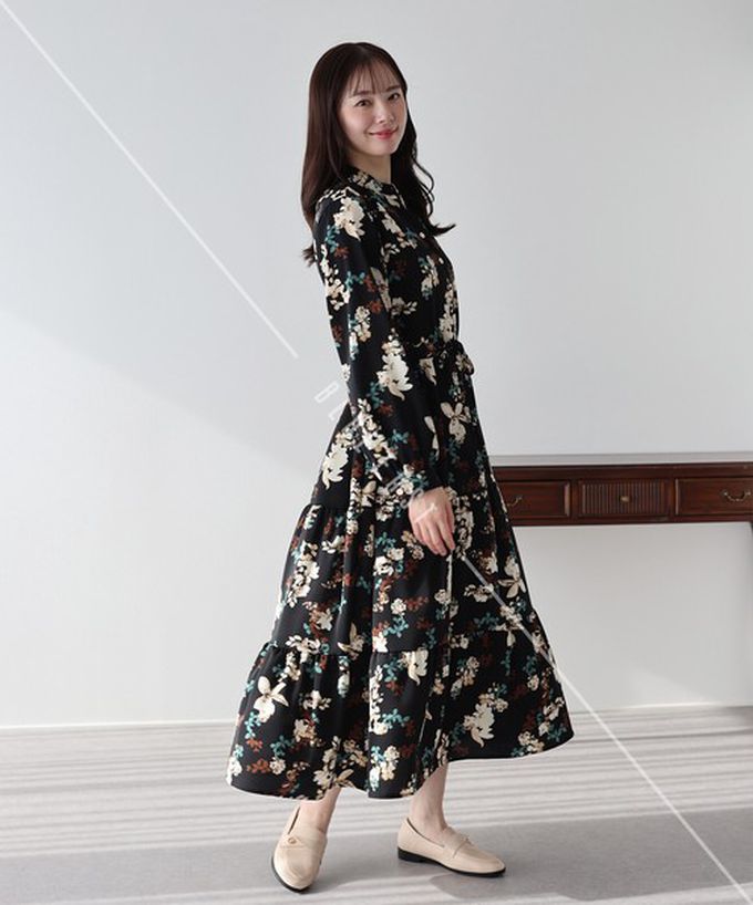 日本 BLUE EAST - [人氣款]簡約抽繩收腰長袖洋裝-撞色袖-黑 (一般長)