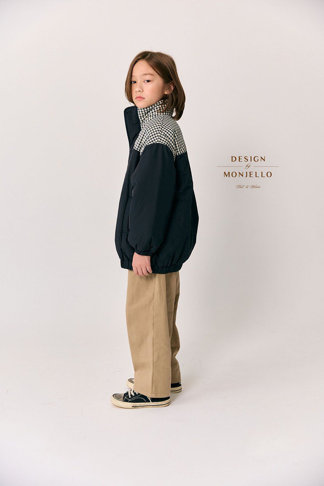 韓國 MONJELLO - 格子點綴拉鍊立領鋪棉外套-粉