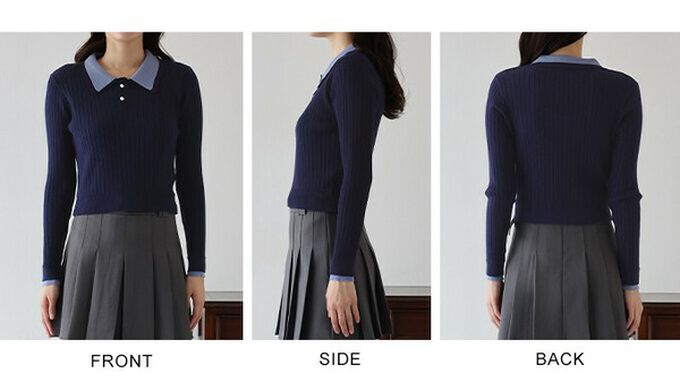 日本 BLUE EAST - 撞色雙層領針織polo長袖上衣-深灰x粉紅 (M)