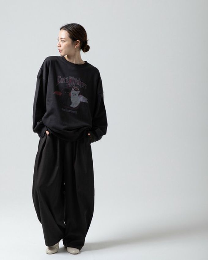 日本 gleam - 裏毛寬版天使惡魔貓咪印花大學T-深藍