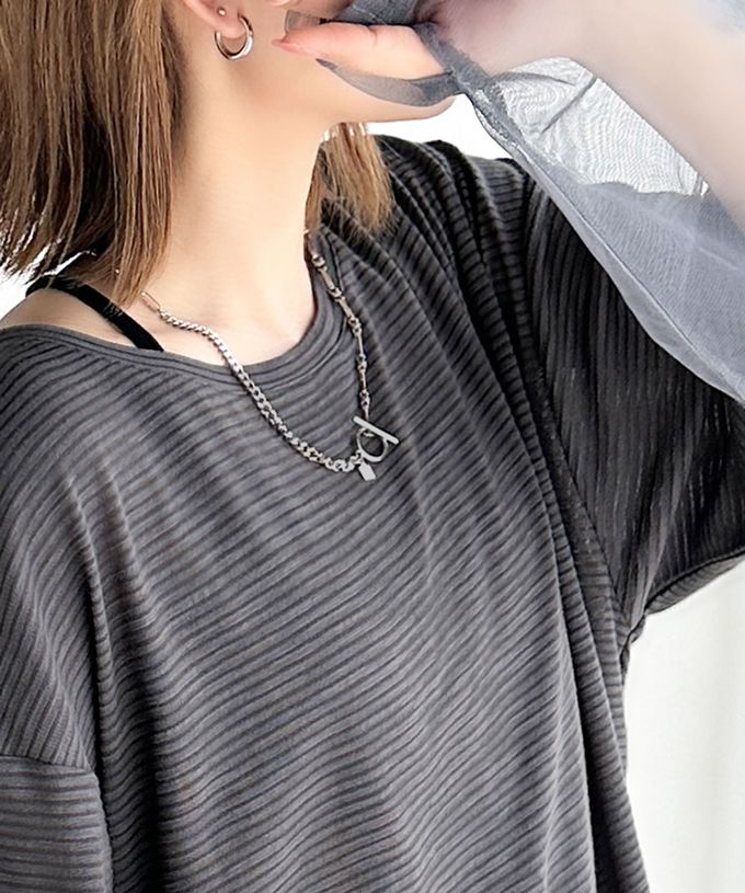 日本 Classical Elf - 寬鬆感薄紗拼接長袖上衣-指孔設計-炭灰