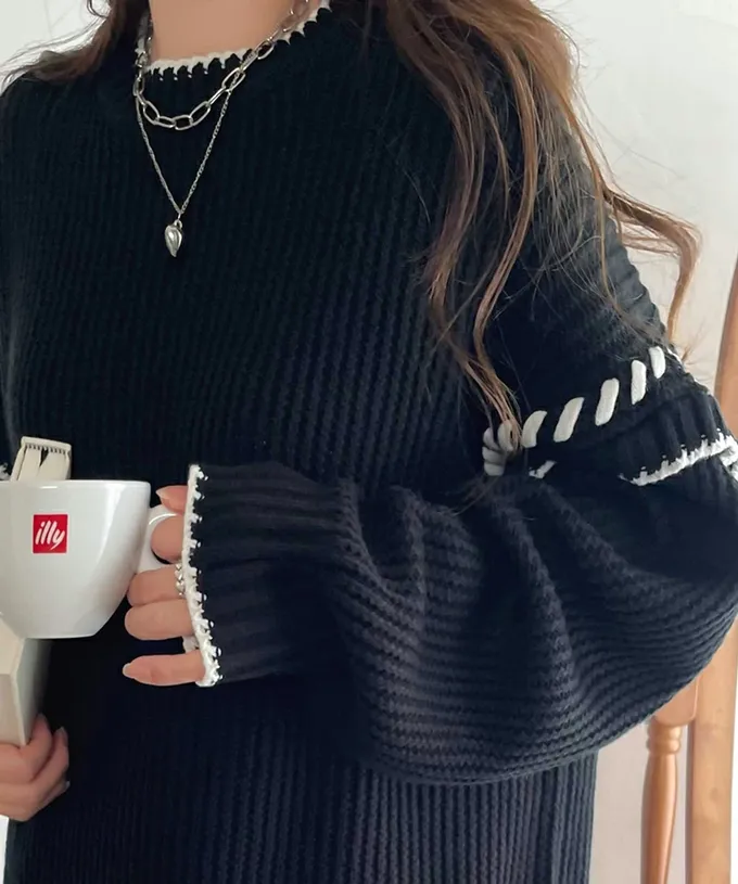 日本 Classical Elf - Java 落肩滾邊縫線粗針織長版上衣-卡其x橘