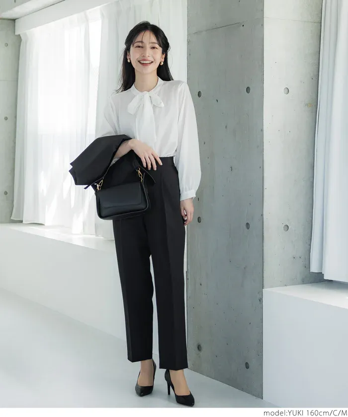 日本 COCA - 優雅紐結雪紡長袖上衣-點點-白