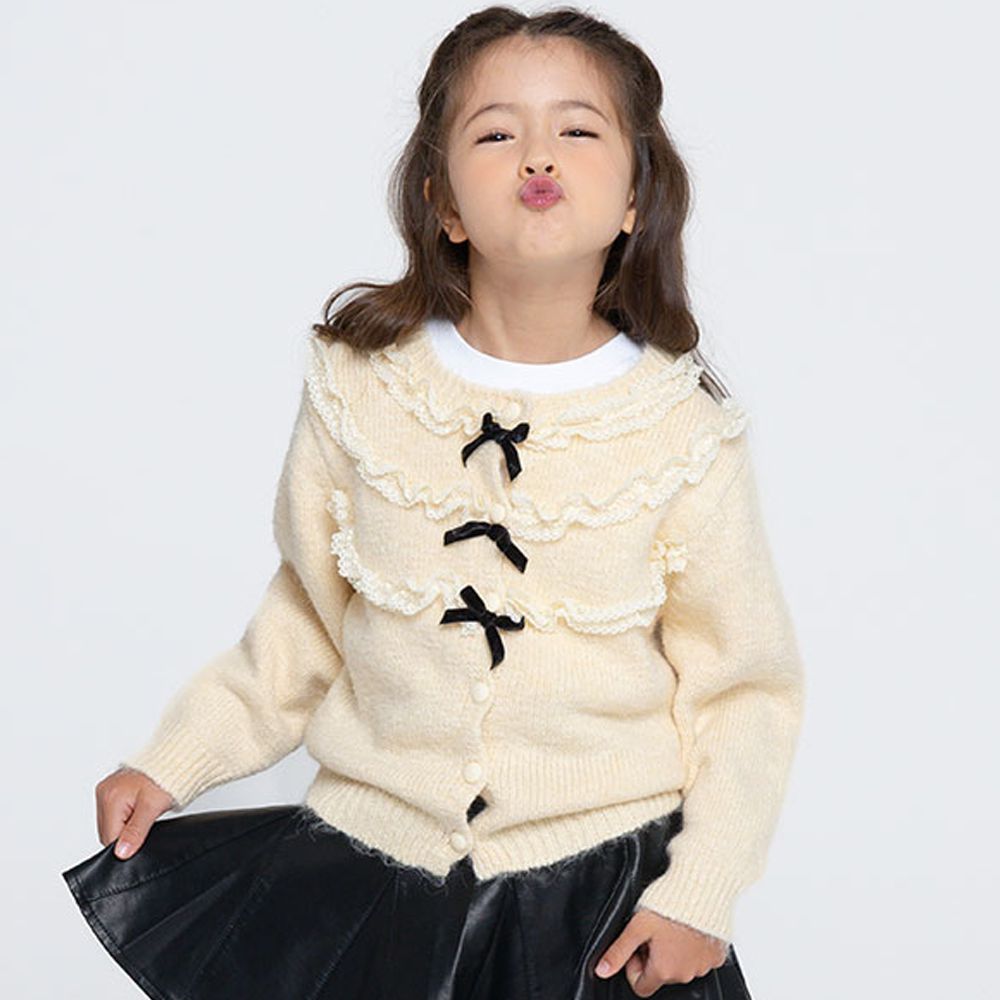 溫柔蝴蝶結蕾絲邊裝飾針織外套-米