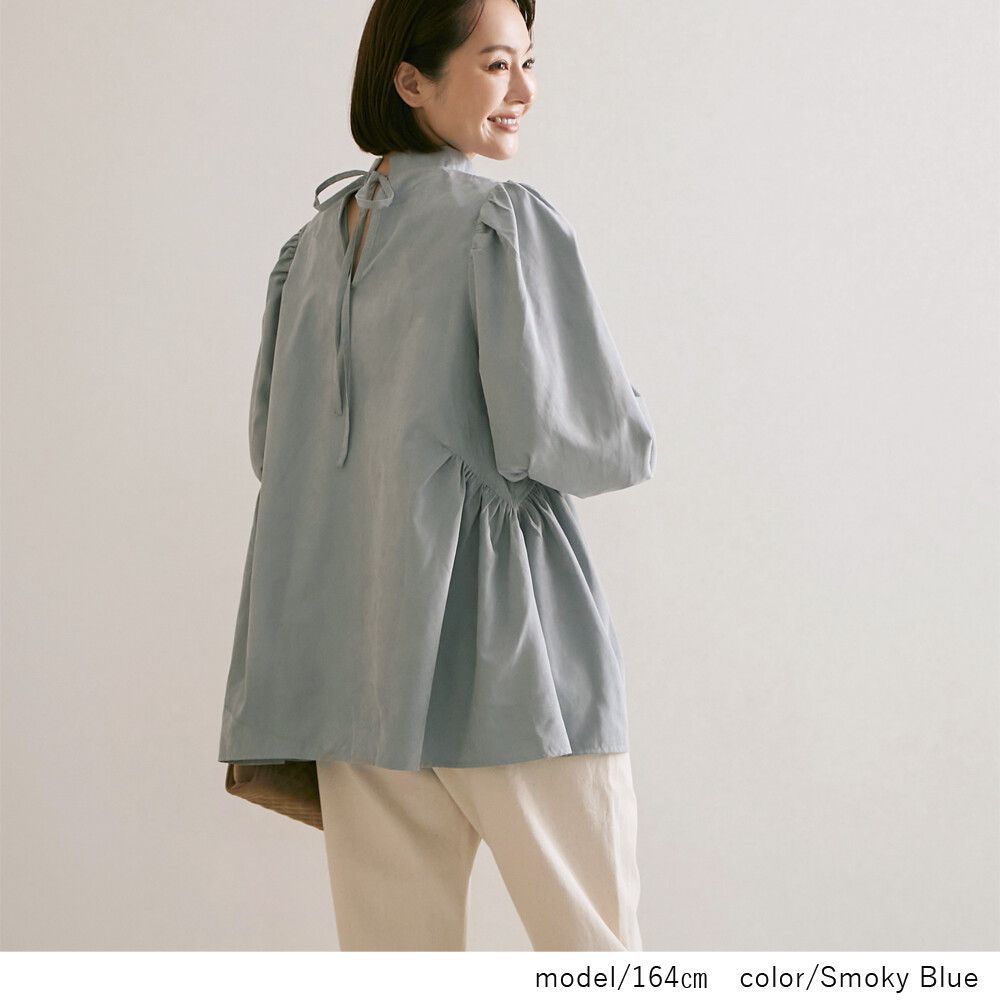 日本女裝代購 - 後蝴蝶結綁帶燈籠袖長袖上衣-灰藍 (M(Free size))