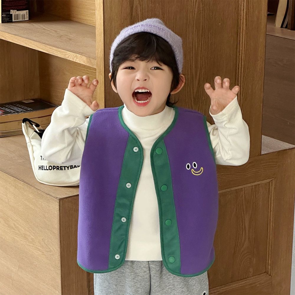 搖粒絨保暖兒童背心-萌趣小表情-紫色