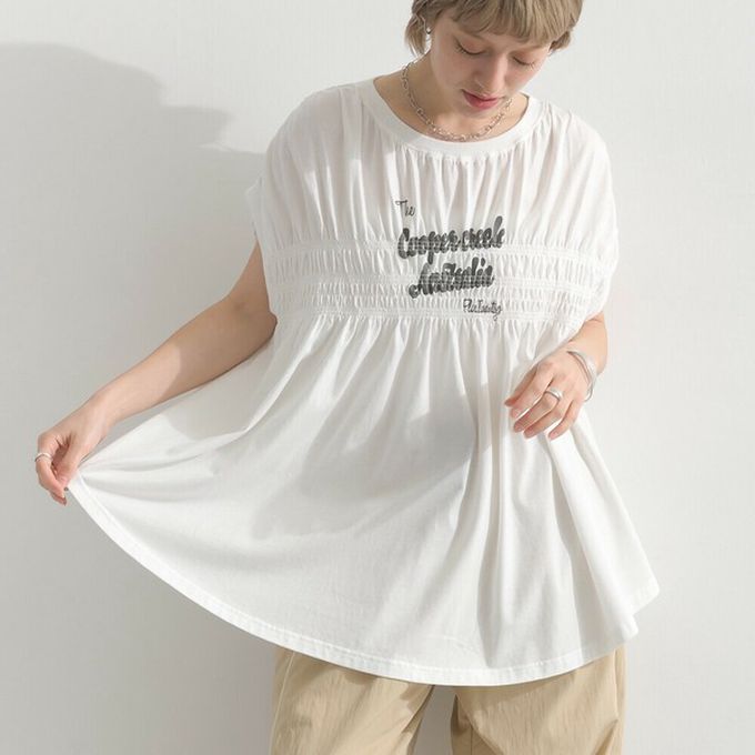 日本 le colis - 清爽天竺棉落肩皺摺短袖上衣-寶石綠