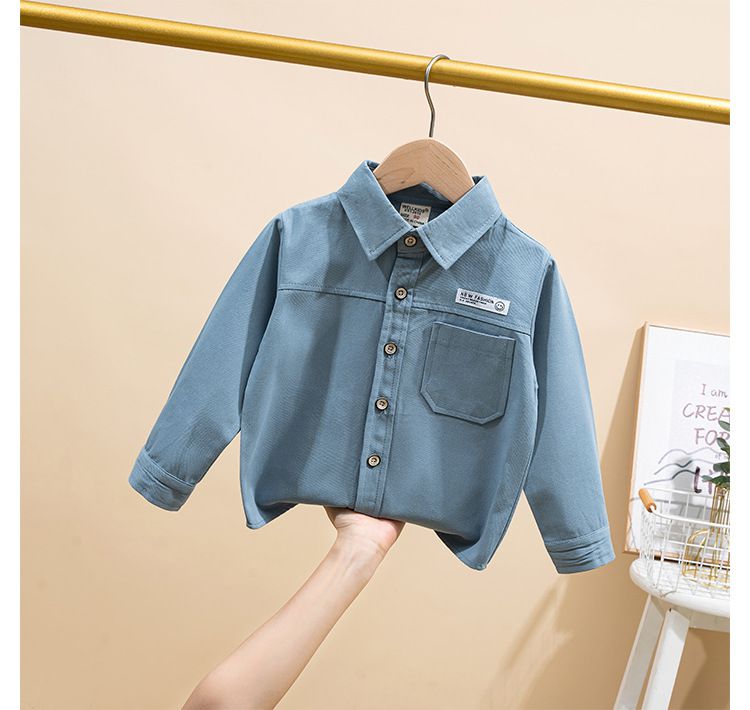 WELLKIDS - 寬松翻領長袖襯衫-灰藍色