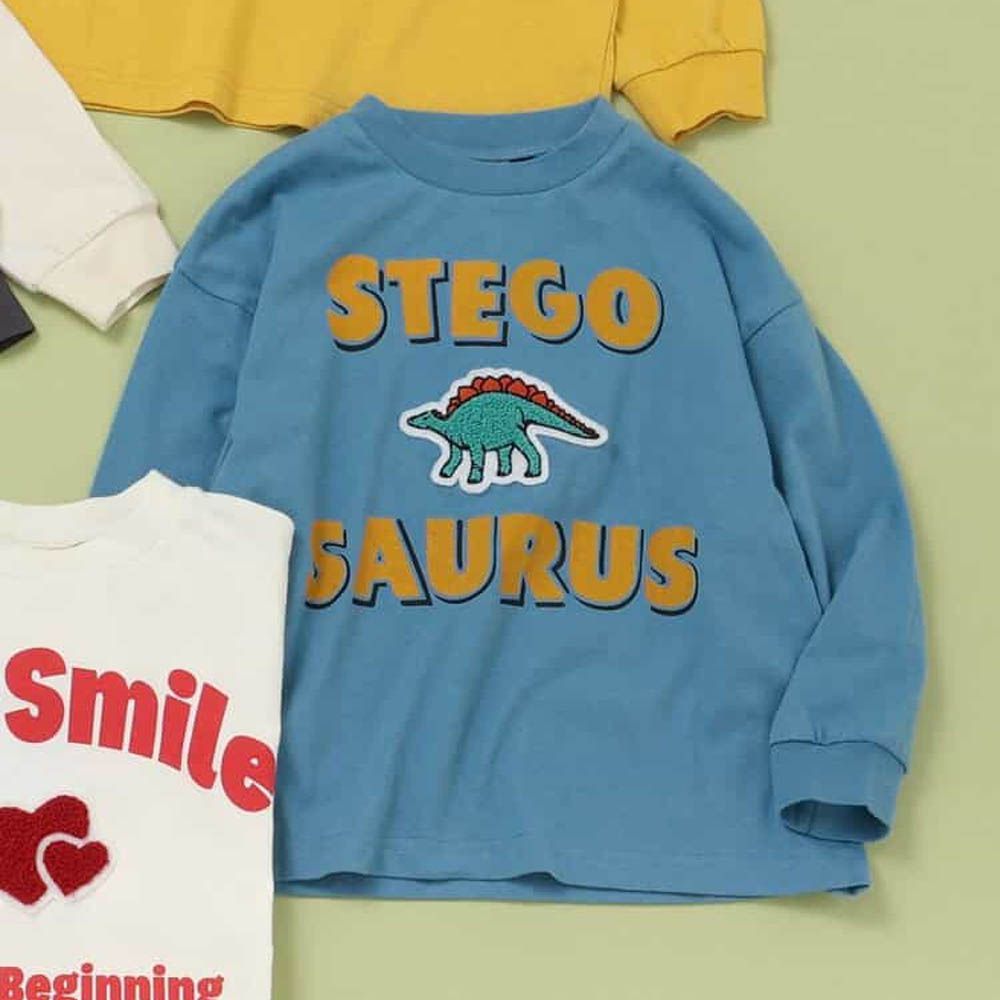 100%棉 立體刺繡貼布長袖上衣-恐龍-藍