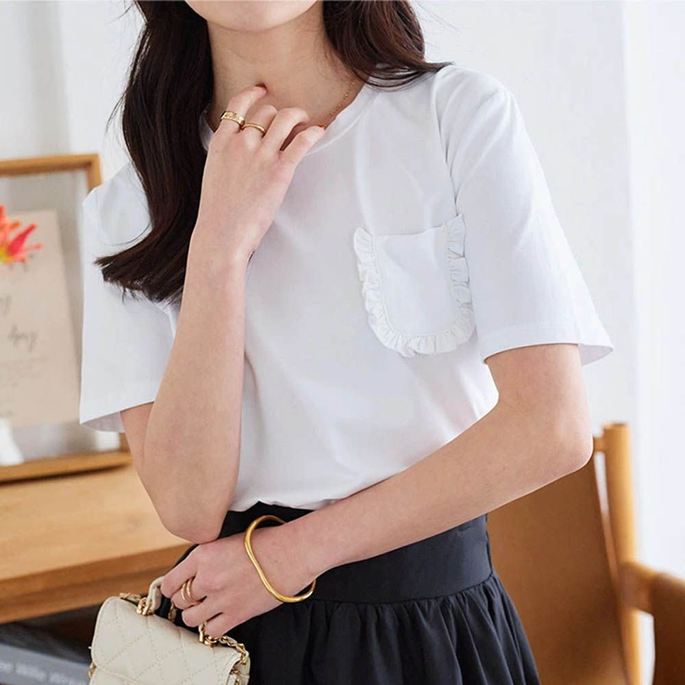 小亮點設計短袖上衣-白 (荷葉邊口袋)