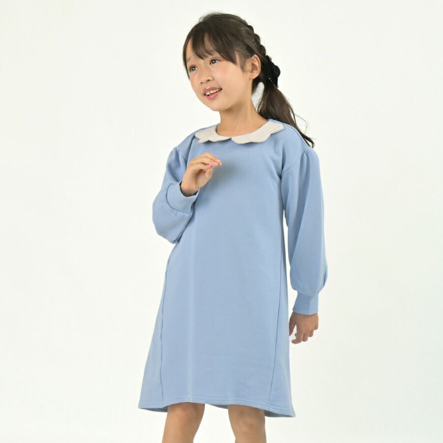 日本 evercloset - 浪漫花朵領刷毛長袖洋裝-薰衣草