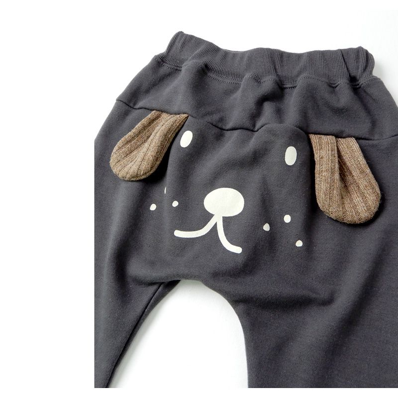 日本 ZOOLAND - 印花拼接長褲(裏毛)-狗狗耳朵-深灰