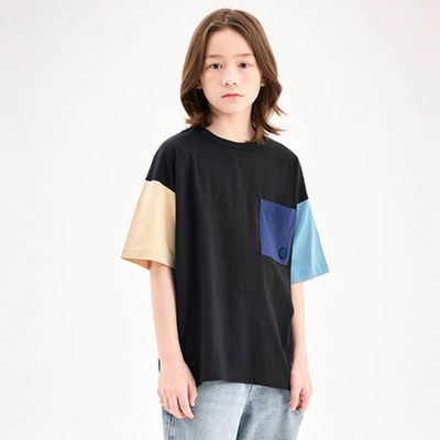 韓國 JELISTUDIO - 撞色拼接風格純棉短袖上衣-黑