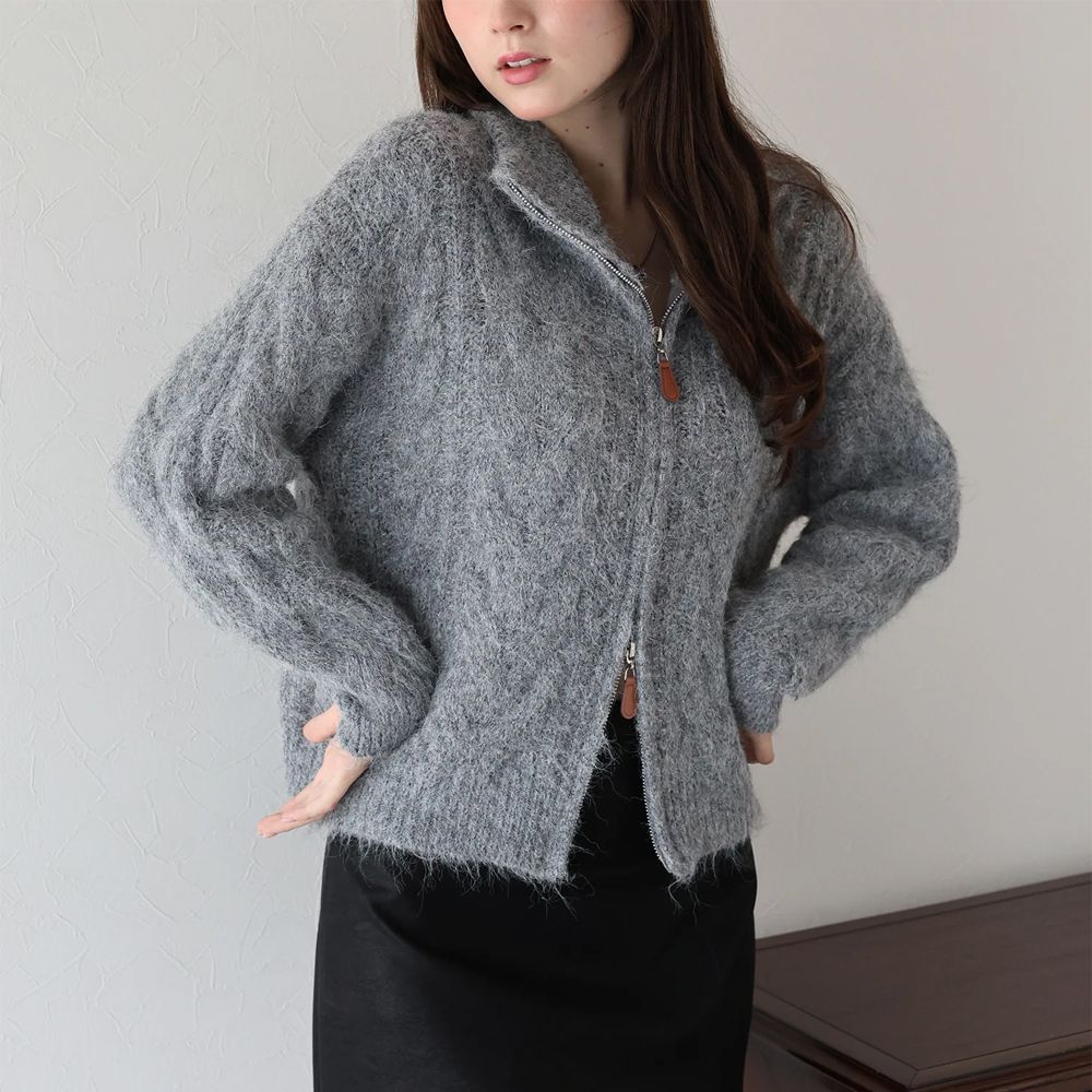混羊毛麻花紋路立領雙拉鏈針織外套-灰