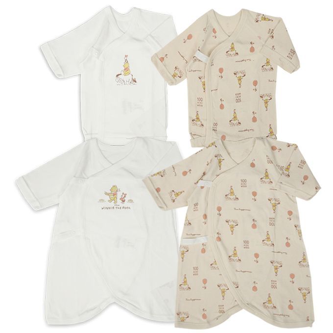 akachan honpo - 新生兒內衣4件組-小熊維尼-淺卡其色 (50~60cm)