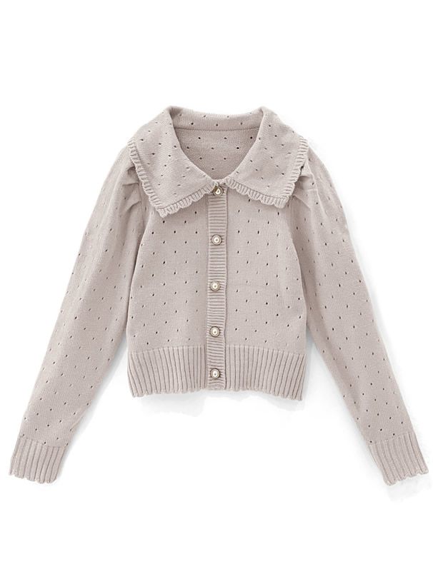 日本 GRL - 浪漫花朵領珍珠釦針織上衣-知性黑