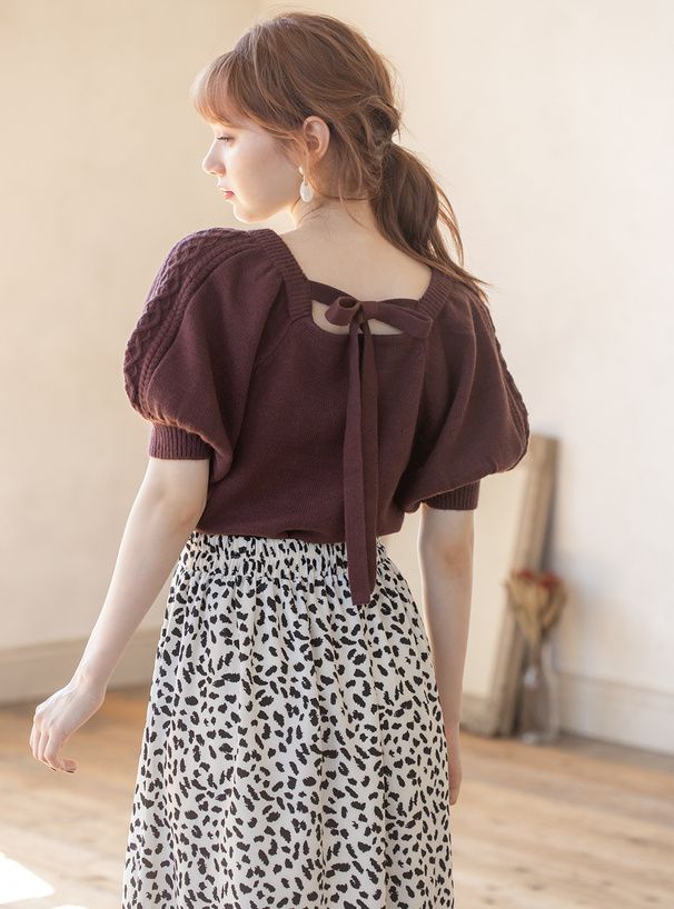 日本 GRL - 美背蝴蝶結麻花泡泡短袖針織上衣-氣質杏 (F)