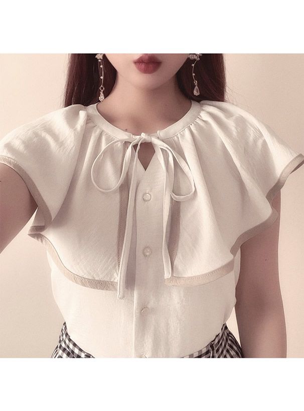 日本 GRL - 氣質大領撞色滾邊無袖上衣-白