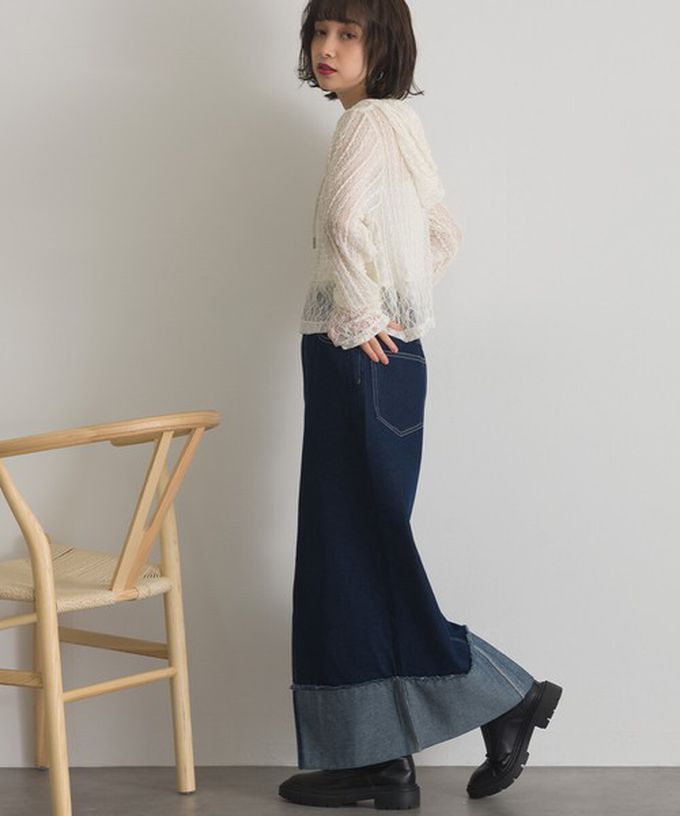 日本 ELENCARE DUE - 10oz抽鬚摺邊俐落前開叉牛仔長裙-海軍藍