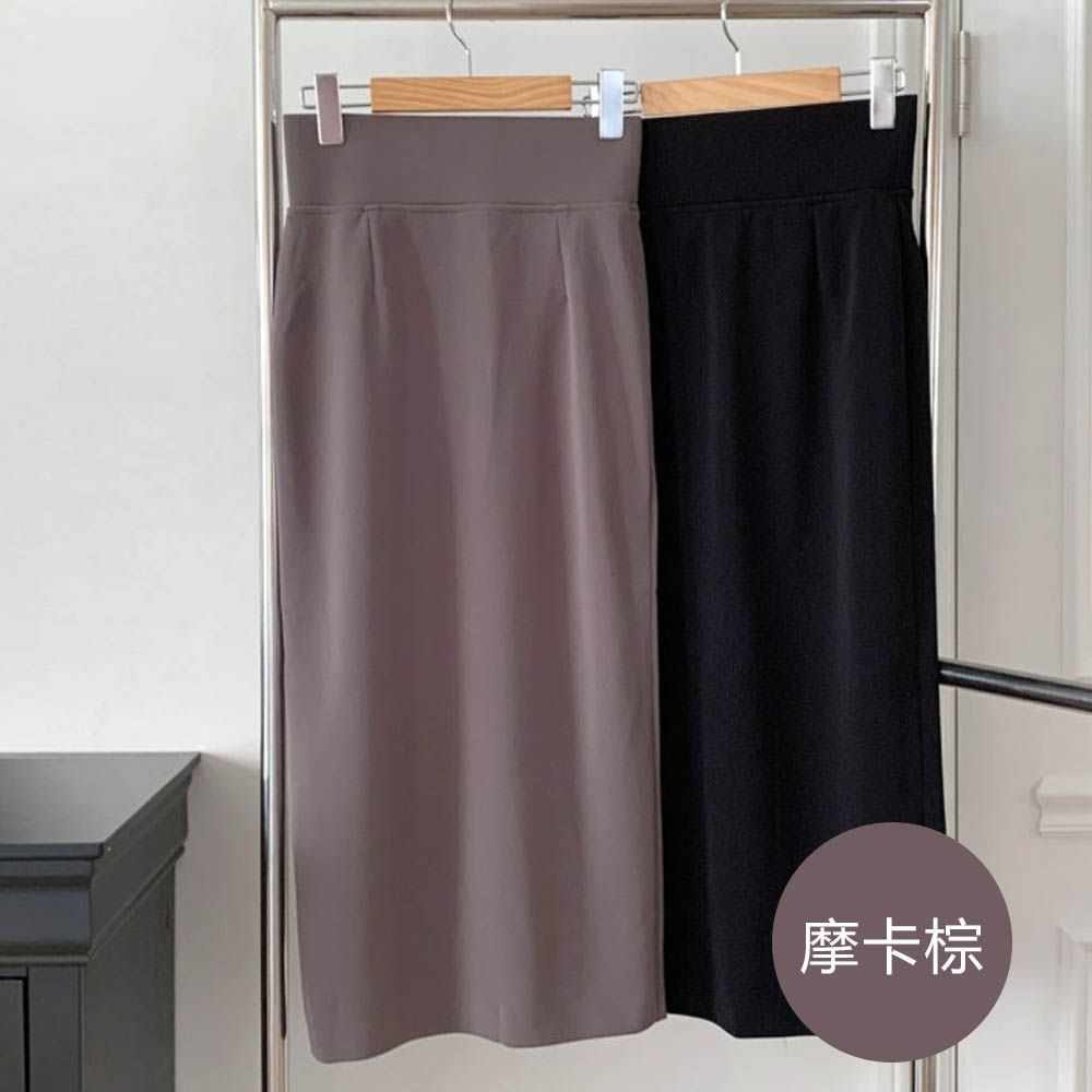 VETICA 韓製顯瘦-5kg小腹收收後開衩中長裙-摩卡棕