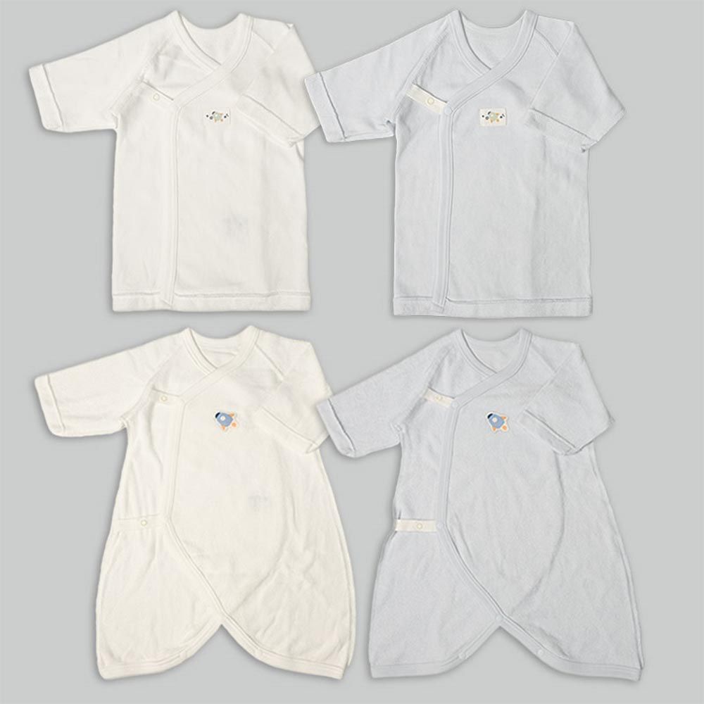 akachan honpo - 長袖新生兒內衣4件組-按扣款 毛圈布 火箭-淺藍色 (50~60cm)