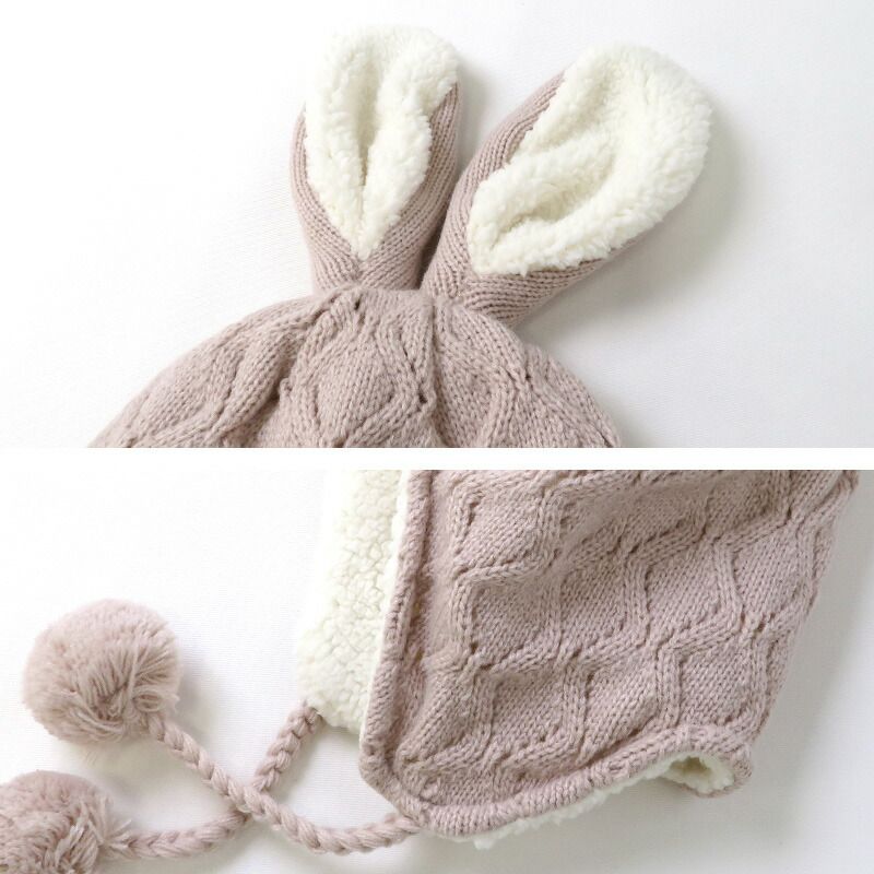 日本 ZOOLAND - 防寒刷毛保暖針織毛帽-兔子立耳-淺粉