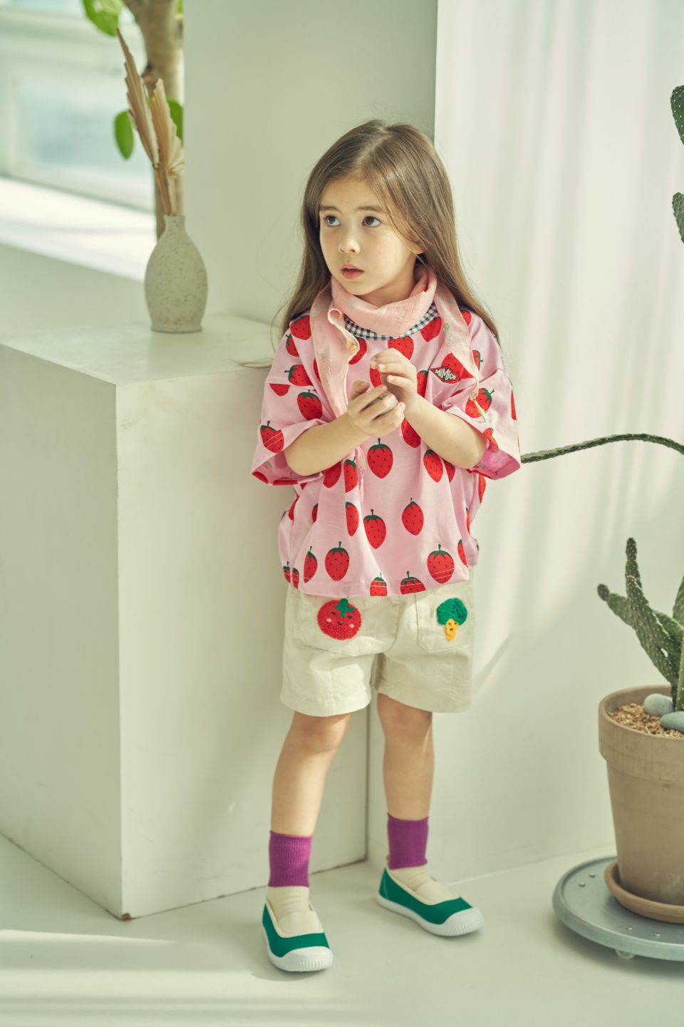 韓國 Mimico - 蔬果家族牛仔短褲-杏