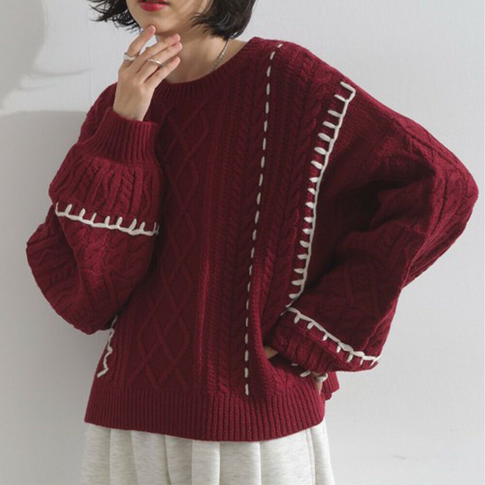 手工編織感柔美麻花紋理毛衣-紅