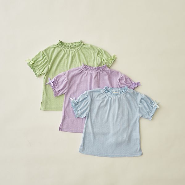 日本 Lycee mine - 可愛緹花泡泡短袖上衣-水藍