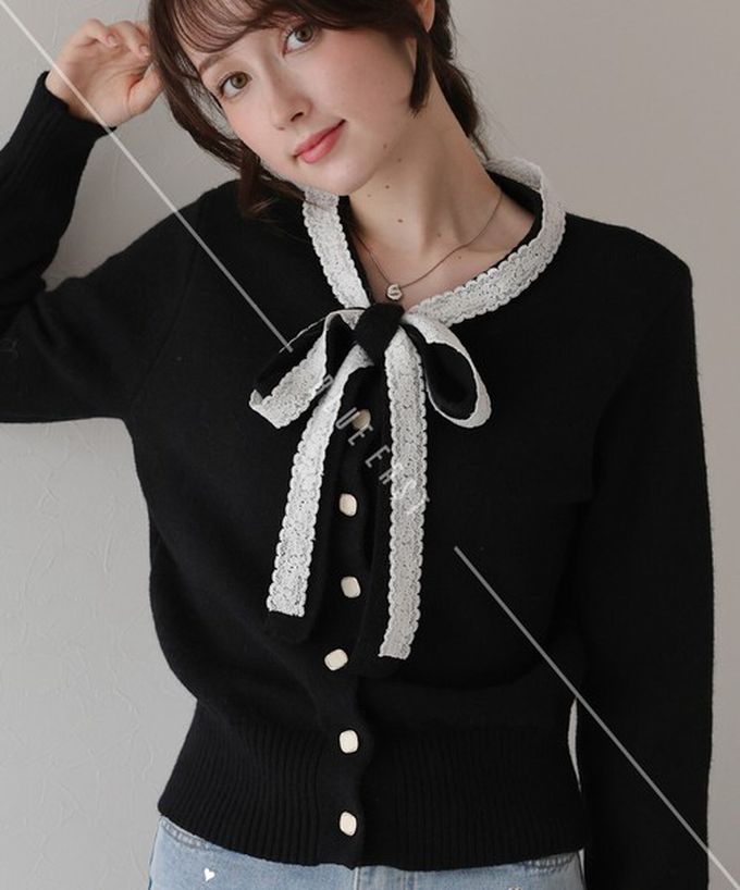 日本 BLUE EAST - 少女爛漫蕾絲蝴蝶結開襟衫-黑