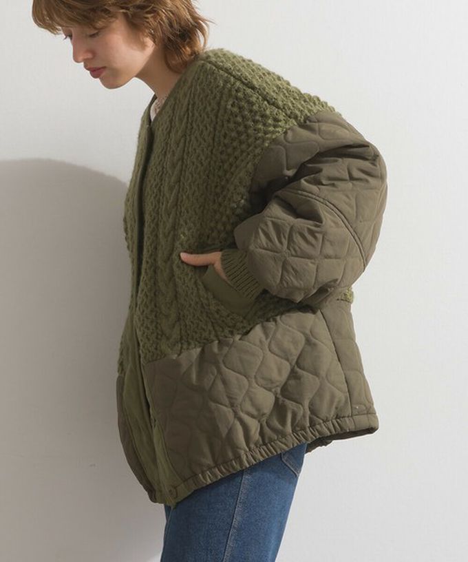 日本 Lupilien - 立體麻花絎縫拼接無領保暖外套-黑