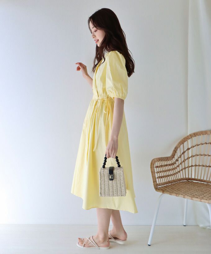 日本 BLUE EAST - 悠閒時光V領綁帶短袖洋裝-桃粉