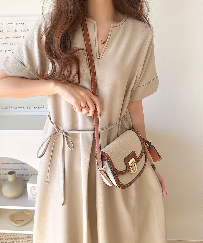 日本 Classical Elf - 鑰匙領綁帶休閒感縫線短袖洋裝-咖啡