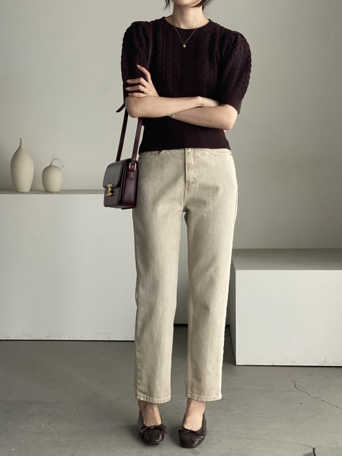 韓國女裝連線 - 麻花辮編織五分袖針織上衣-咖啡紅 (FREE)