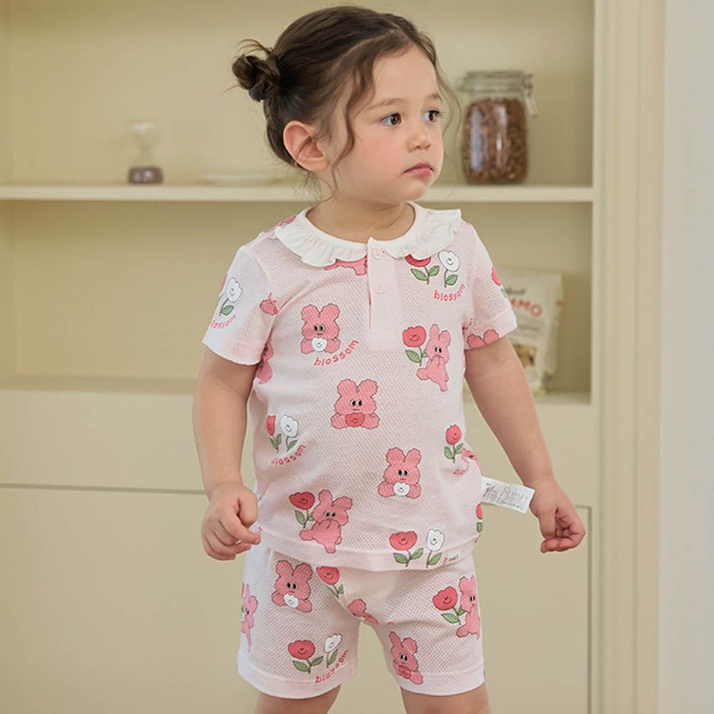 透氣網眼洞洞短袖家居服/睡衣-花香兔兔-淡粉