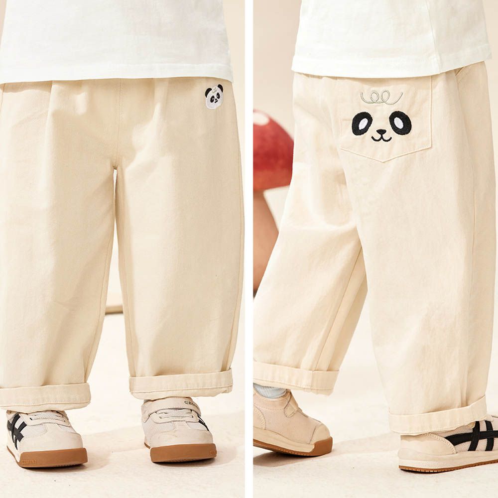 純棉腰鬆緊休閒長褲-後童趣繡花口袋-米白色