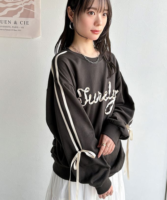 日本 Classical Elf - mily bilet 甜美袖蝴蝶結立體logo上衣-灰緞帶-燕麥灰