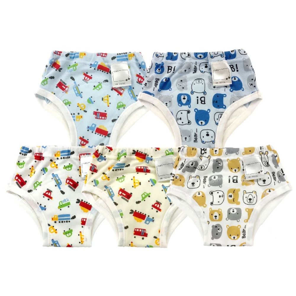 日本 Chuckle Baby - 四層學習褲(五件組)-動物車車-水藍米黃-密縫式