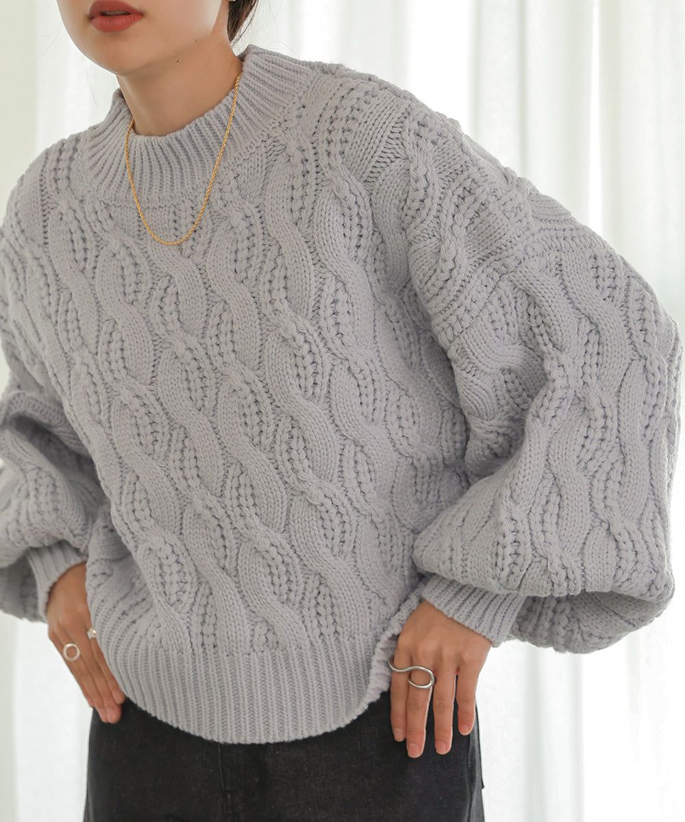 日本 Bab - 麻花編織圓領泡泡袖毛衣-粉膚